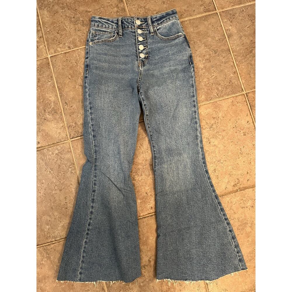 Wild Fable 00 Button Fly Highest Rise Extreme Flare Blue Bell Bottom Jeans Raw